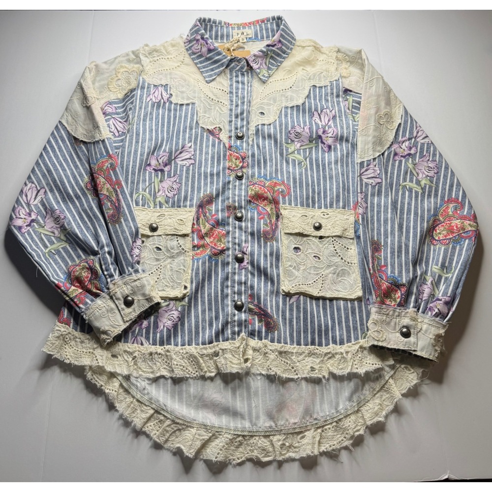 POL Stripe Floral Lace Eyelet Button Down Jacket Top UWT424 Blue White Small NEW
